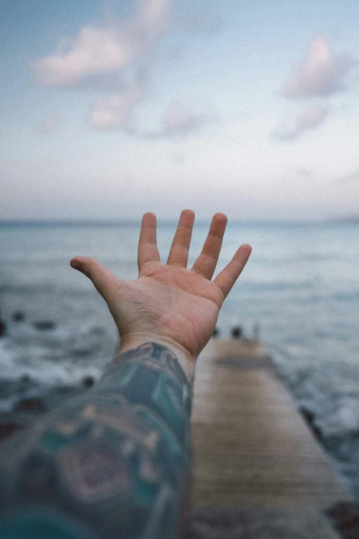 person's hand reaching for soing next to the ocean