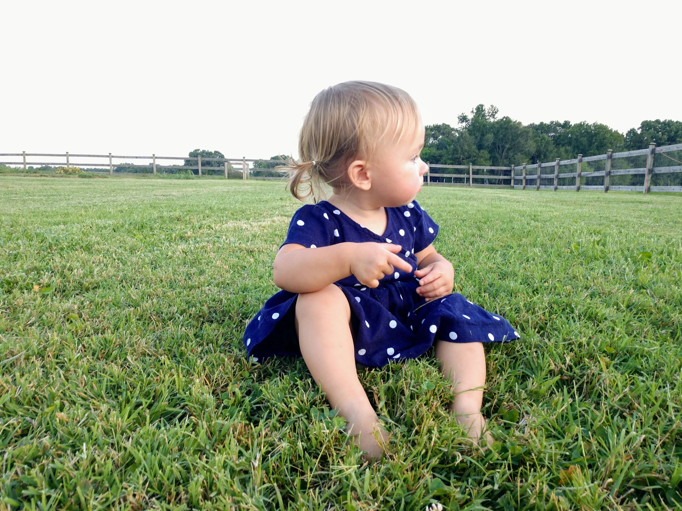 an adorable little girl sitting on a green grass field