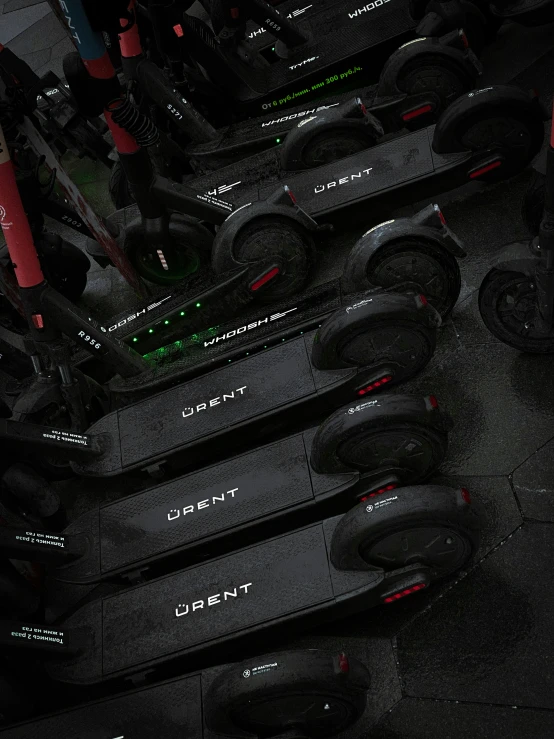 rows of treads with lights lit up at night