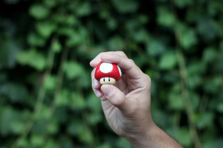 a hand holding a tiny red mushroom toy near some bushes