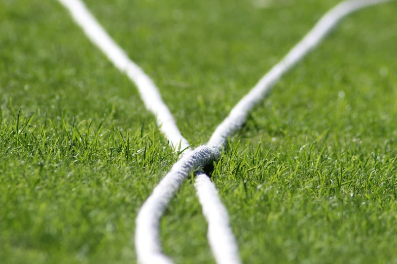 an odd shaped white string is next to a grass field