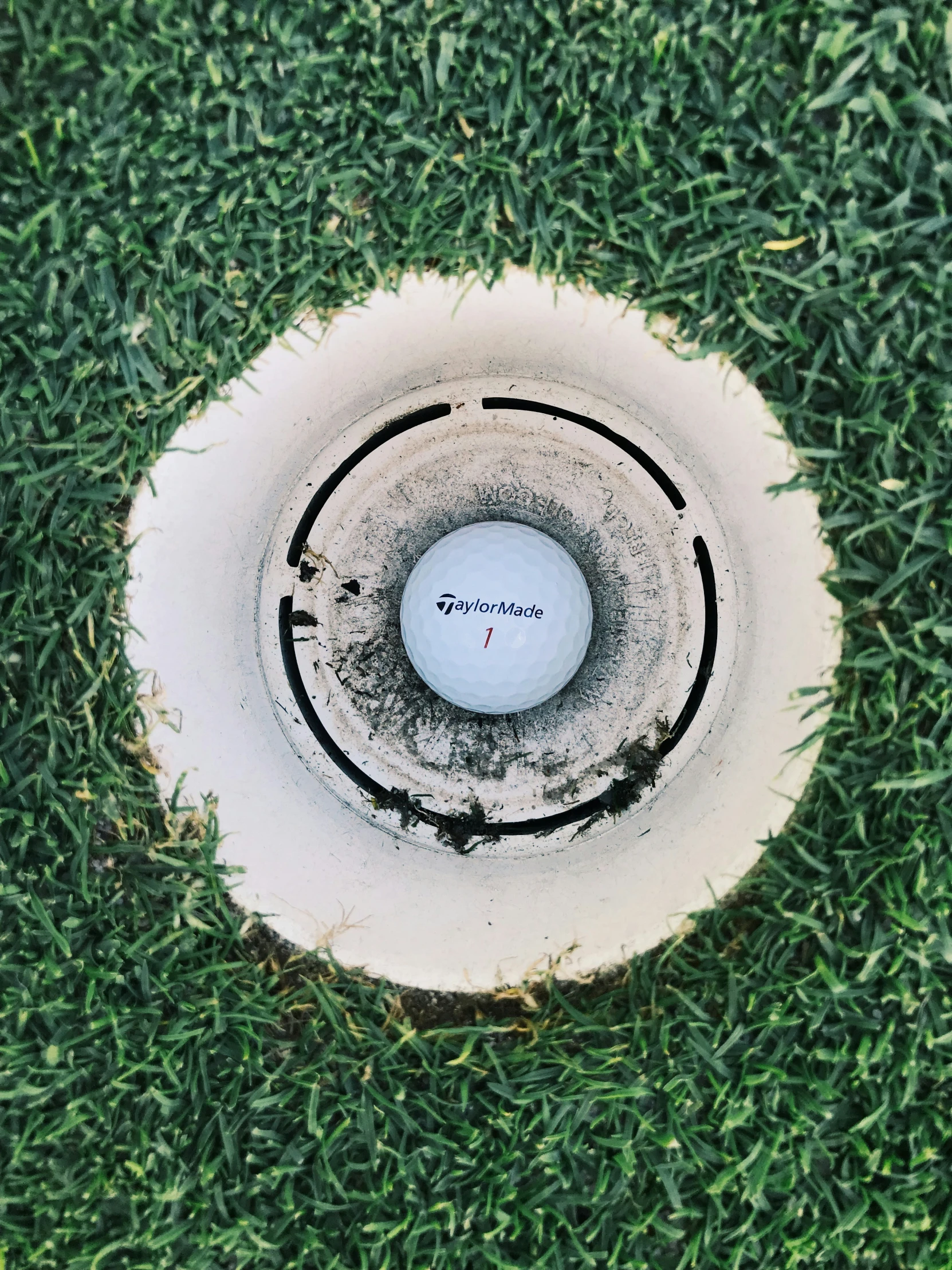 a golf ball in the center of a hole on the green grass