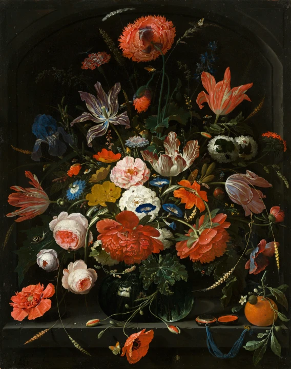 an old painting has an arrangement of flowers in it