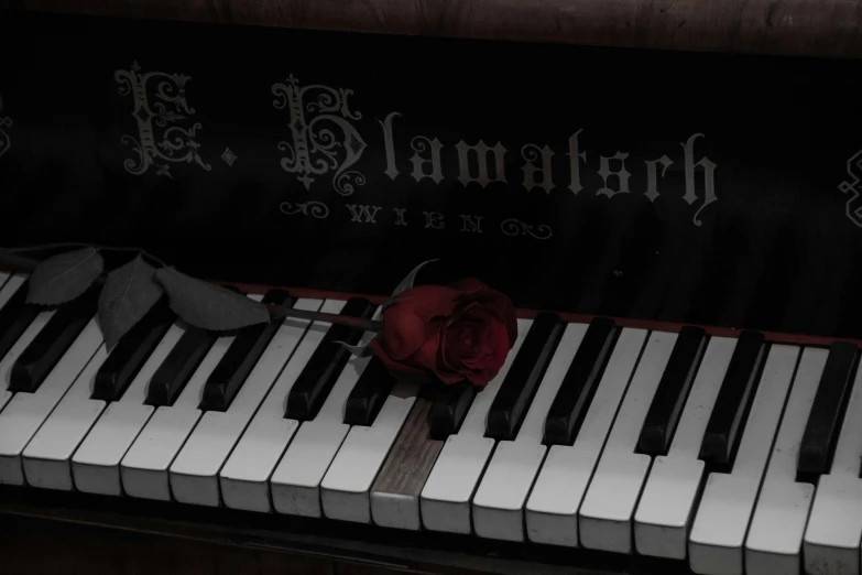 a single red rose sitting on top of a piano