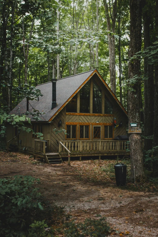a rustic cabin nestled in the middle of a forest