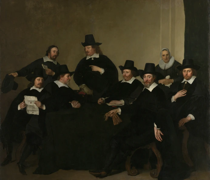 a painting of men dressed in black and white with paper