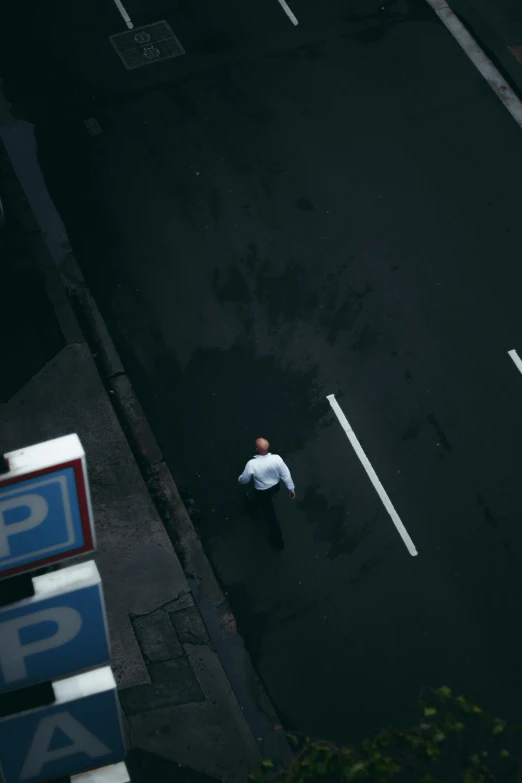 aerial view of the street with a man wearing white