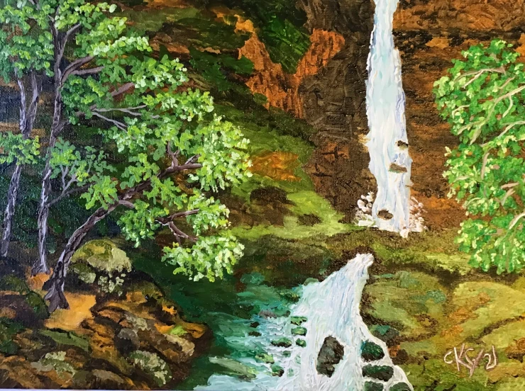 a painting of a waterfall with trees on the side