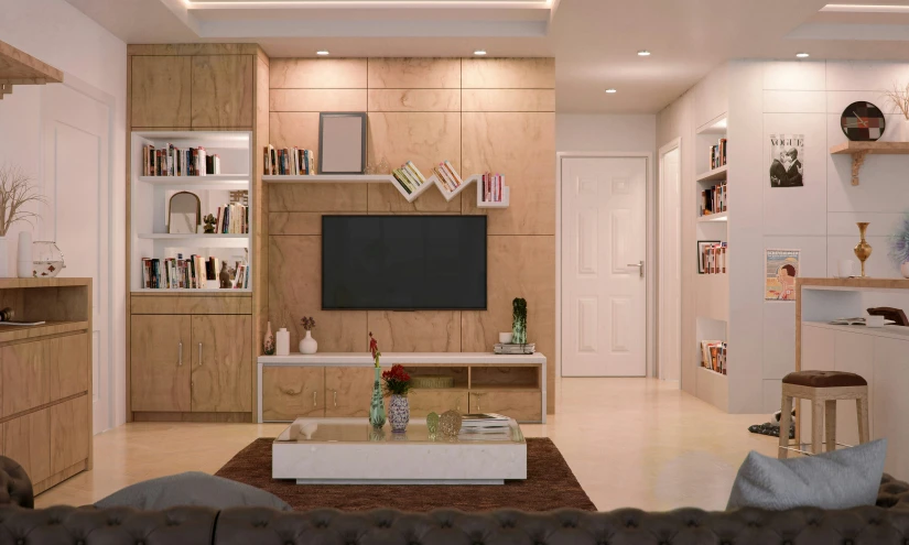 a picture of a living room with bookshelves and a television
