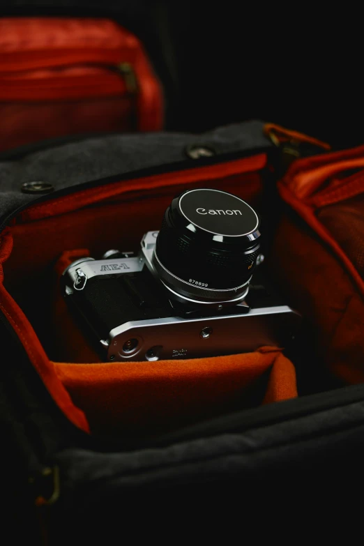 a camera inside of an empty travel bag