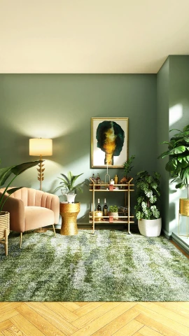 a living room is filled with greenery and green accents