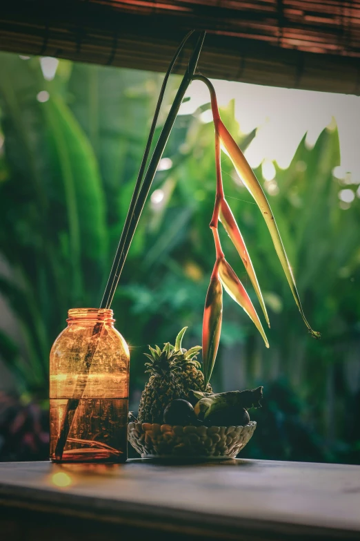 two glass vases filled with plants sit on a table