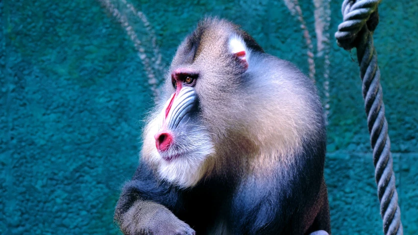 a monkey with long red and white hair on its nose