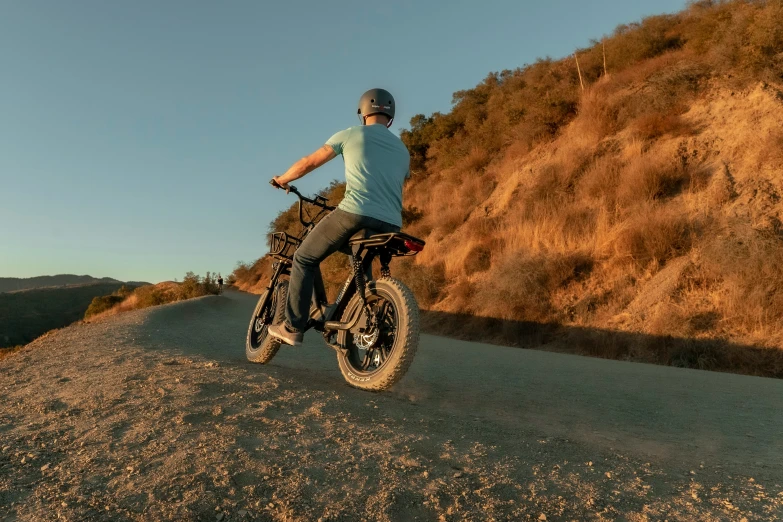 a person on a bike rides by some brush