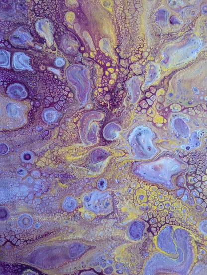 a painting with abstract patterns and colors in purple, orange and yellow