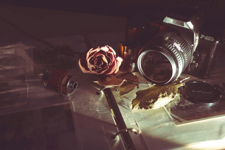 a camera, camera lens and some flowers on a table