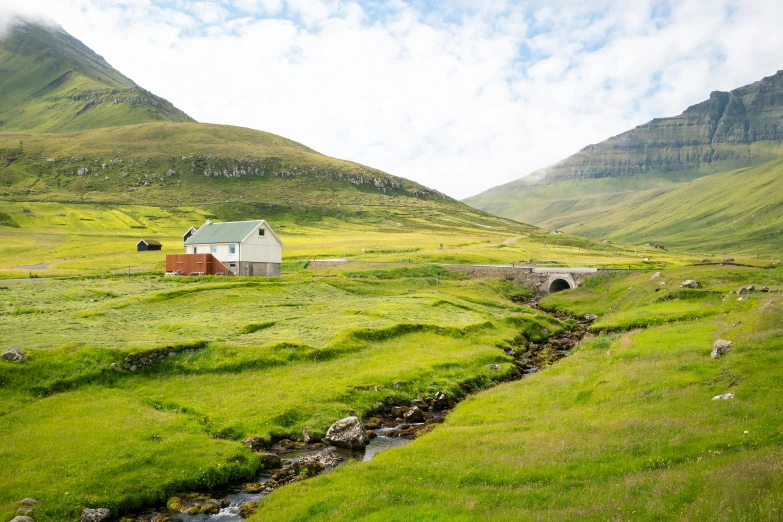 farm scene in the middle of green hills with stream passing through