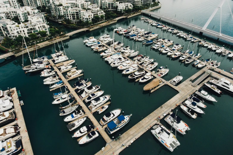 an aerial view of boats docked in the marina