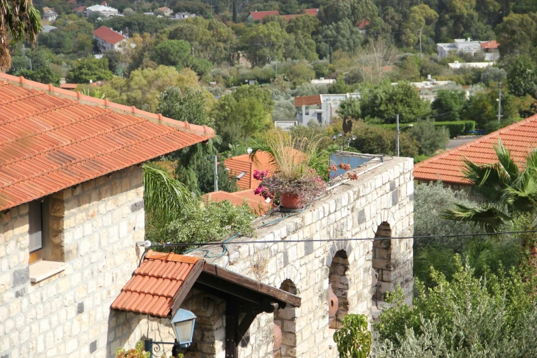 a brick building with rooftop plants on top