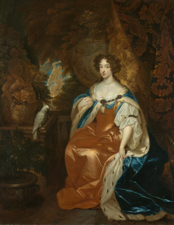 an old painting with an ornate woman holding a dove