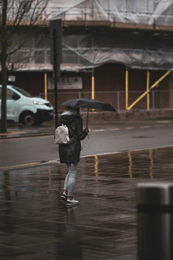 the person is walking in the rain holding an umbrella