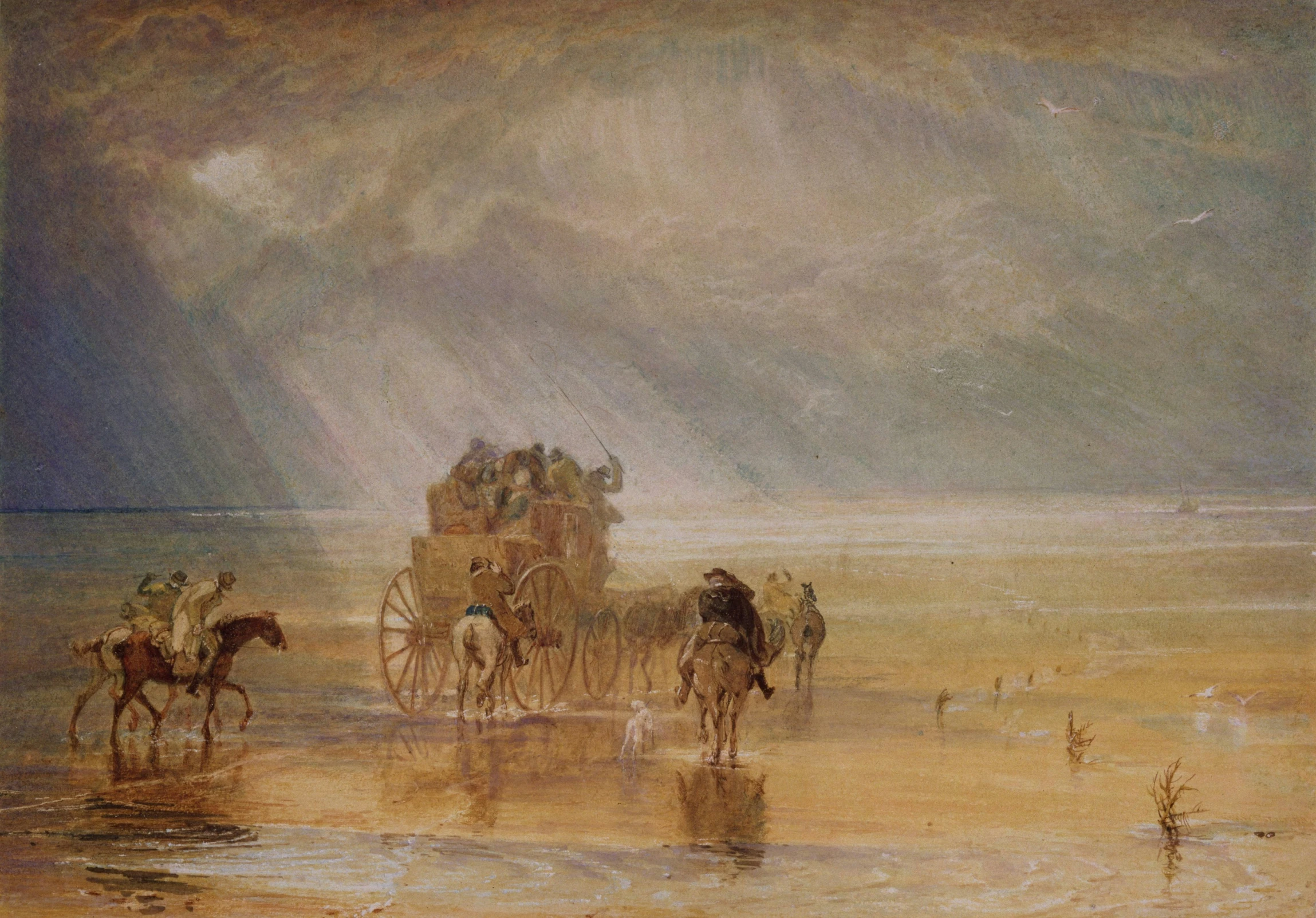 an old painting shows people riding on a wagon pulled by a horse