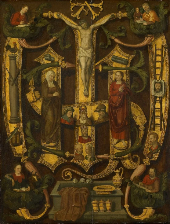 a painting on display with a crucifix and other items