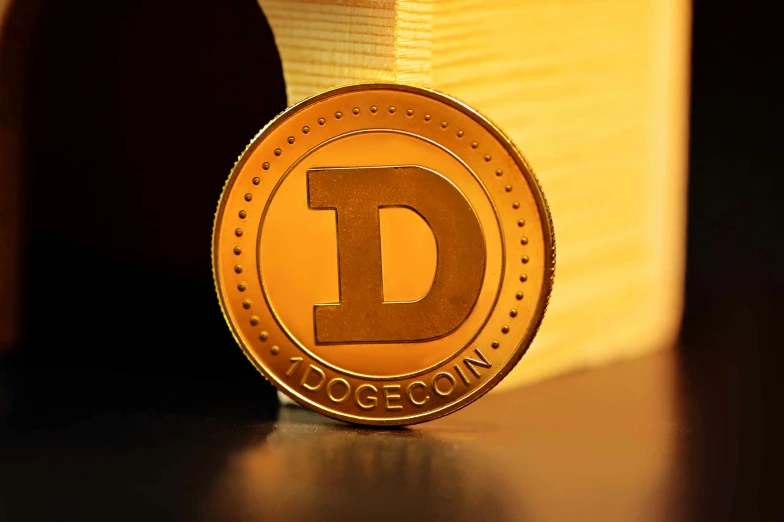 closeup of an upturned gold coin with the letter d in gold