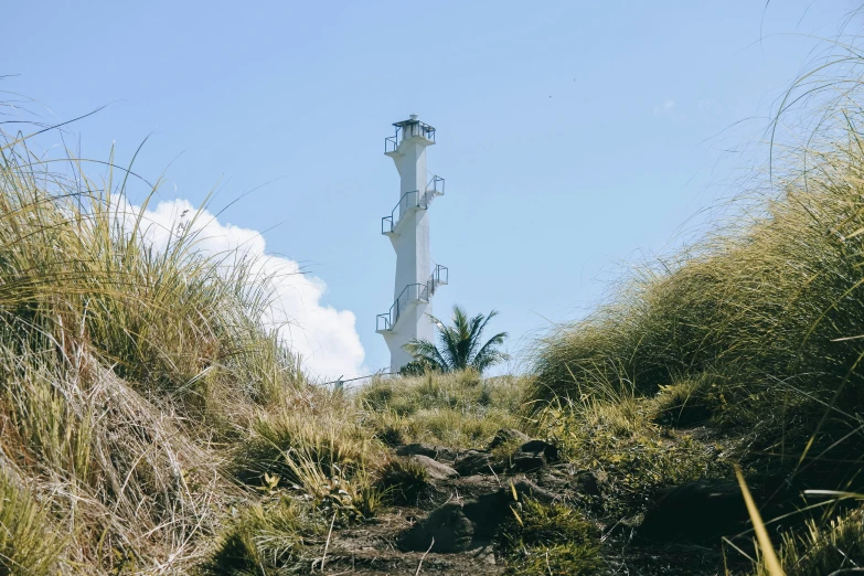 a light house sitting in the middle of a grassy area