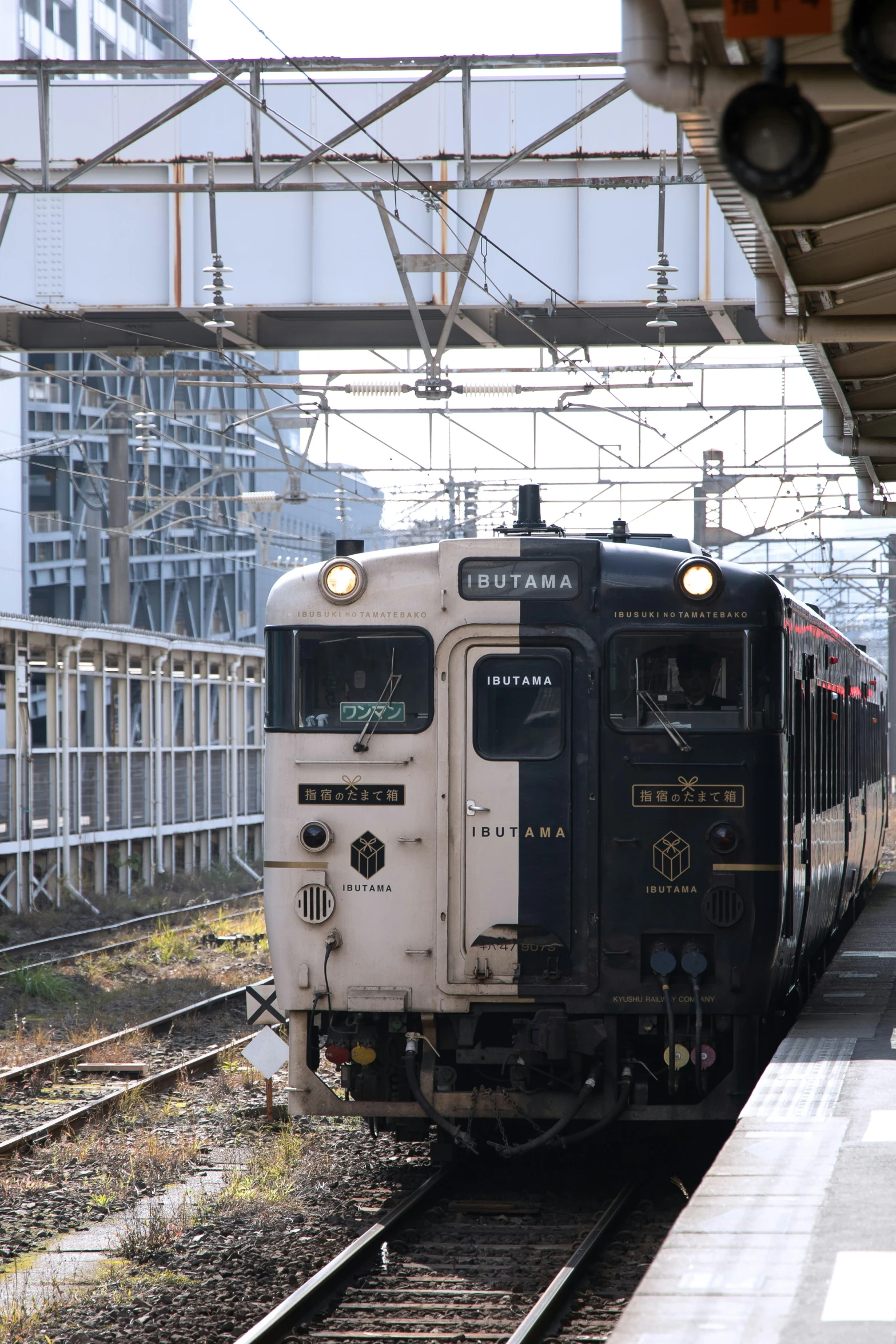 a train pulling into an elevated station with its lights on