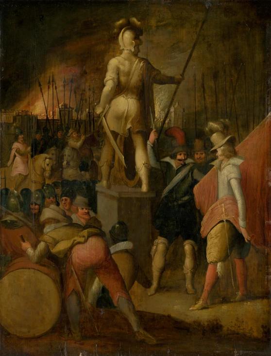 this painting shows several people standing around a statue with an arrow