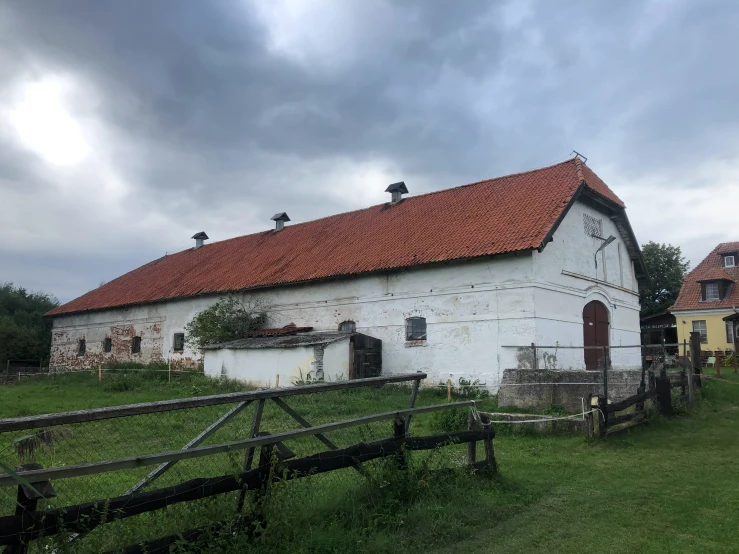 a small barn with two roof chimneys is seen against a cloudy sky