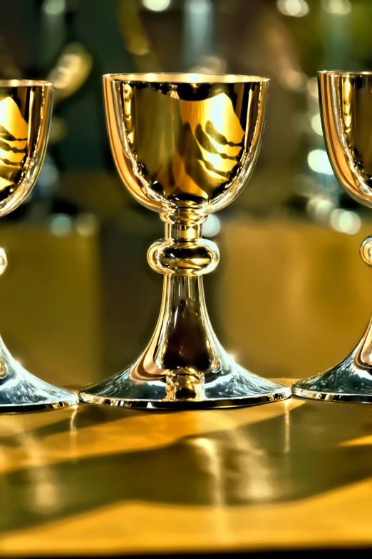 a trio of shiny wine glasses on top of a table