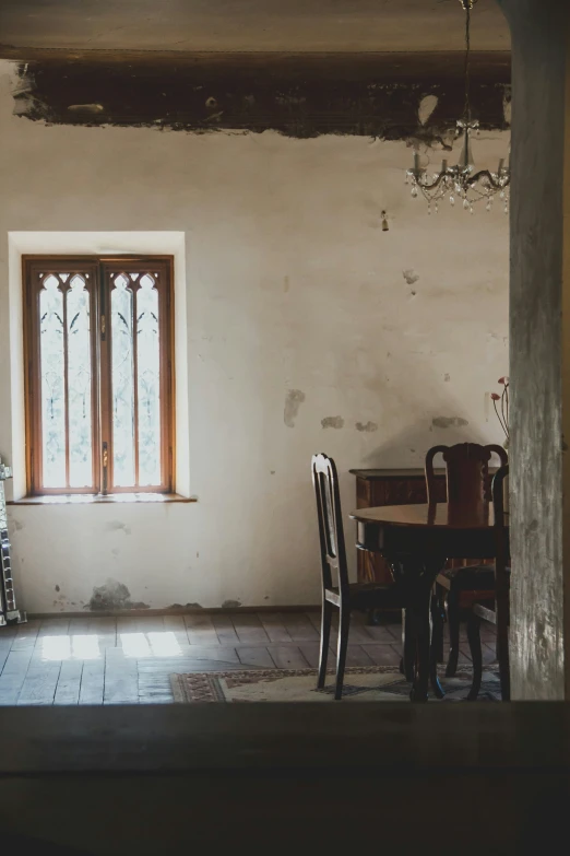 a table and some chairs in front of a window