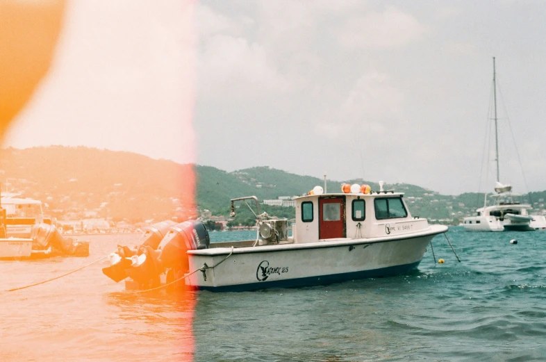 two pos side by side one with a boat and the other showing people standing in the water