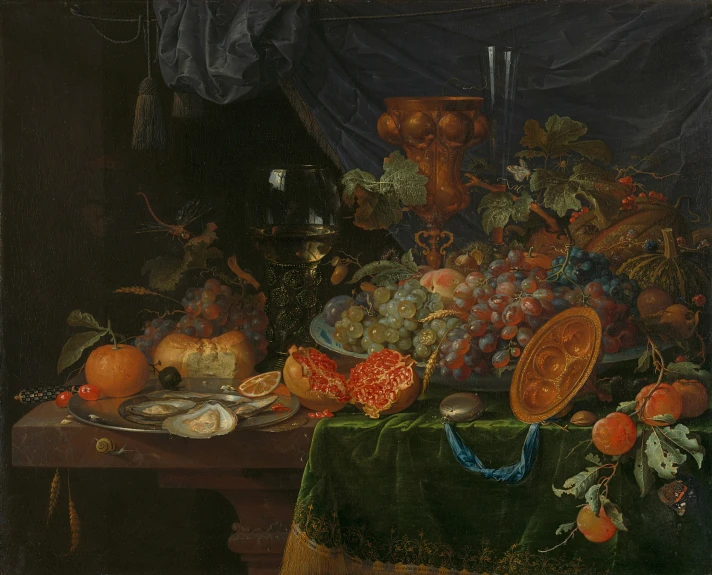 a painting of fruit on display with a dark background