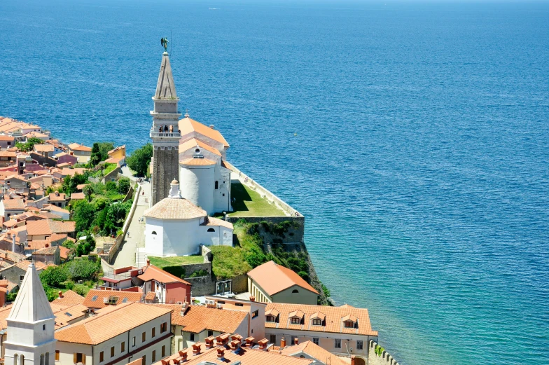 the church at sea side in a city near the ocean