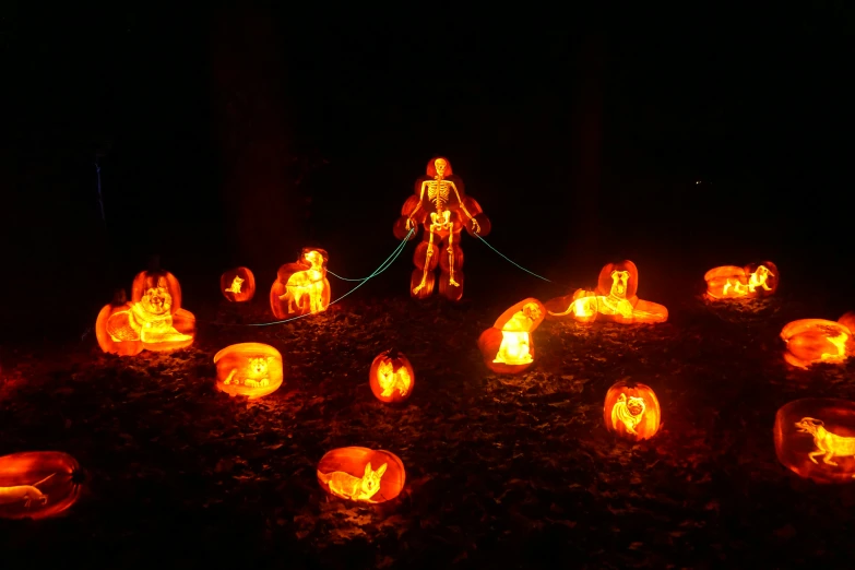 a group of pumpkin shaped figures are lit up at night