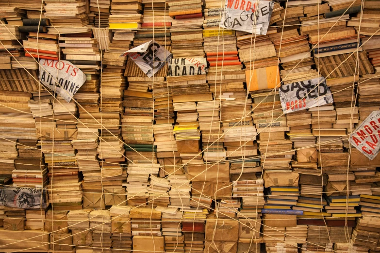 many stacks of stacked wooden books and paper tags