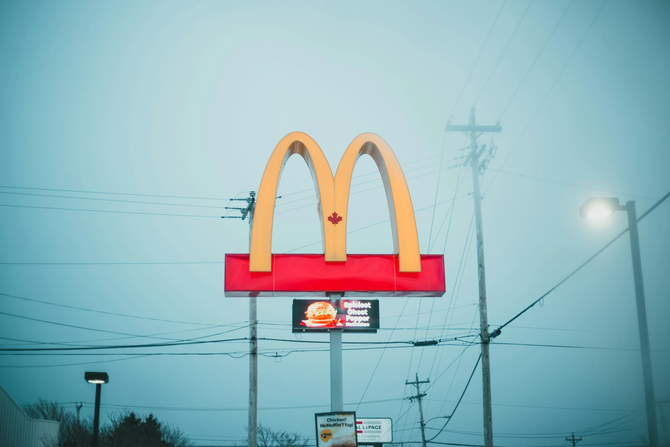 a red and yellow mcdonald's sign with a blue sky behind it