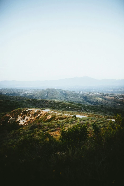 a view over a hilly green plain to a clear blue sky