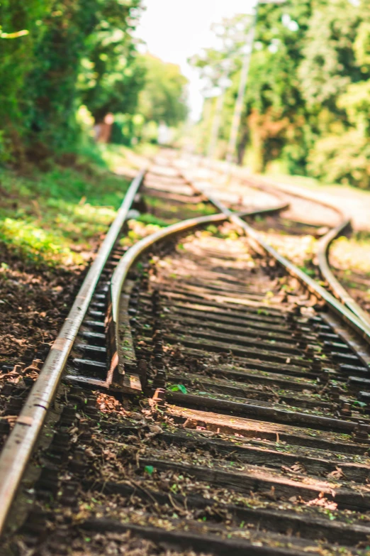 an old train track sitting in the grass near trees