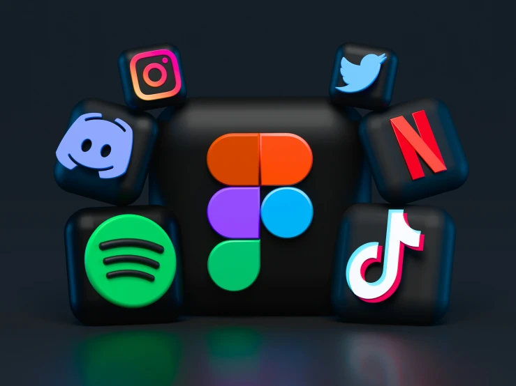 black cubes with multi colored web icons