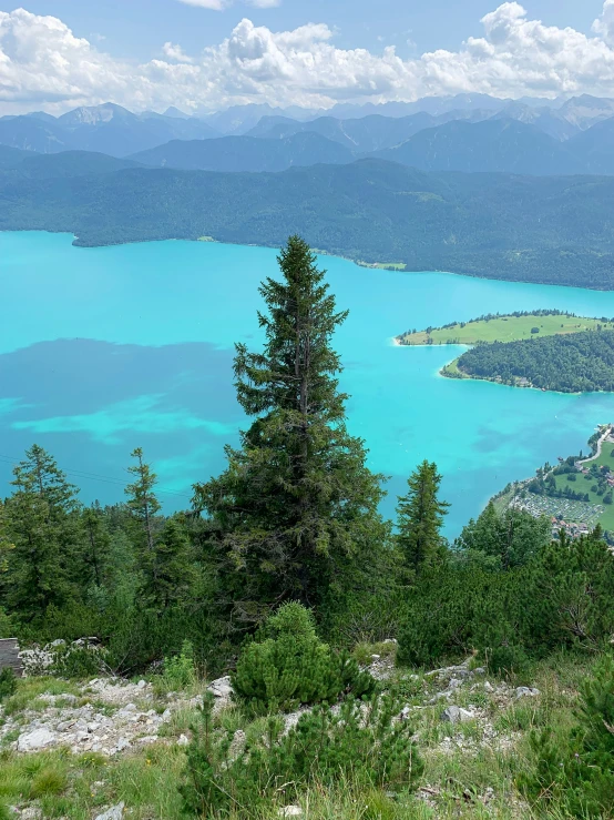 a view of a blue lake, mountains and trees