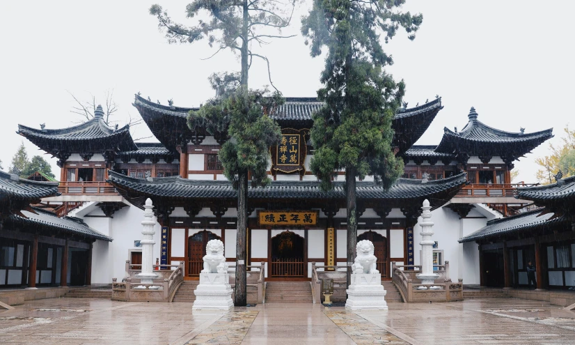 the entrance of an asian temple on a cloudy day