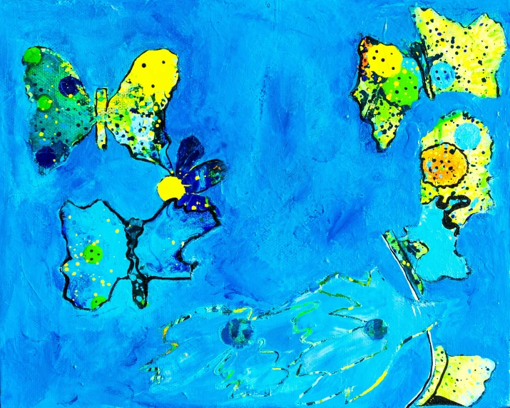 a painting with blue and yellow colors of flowers