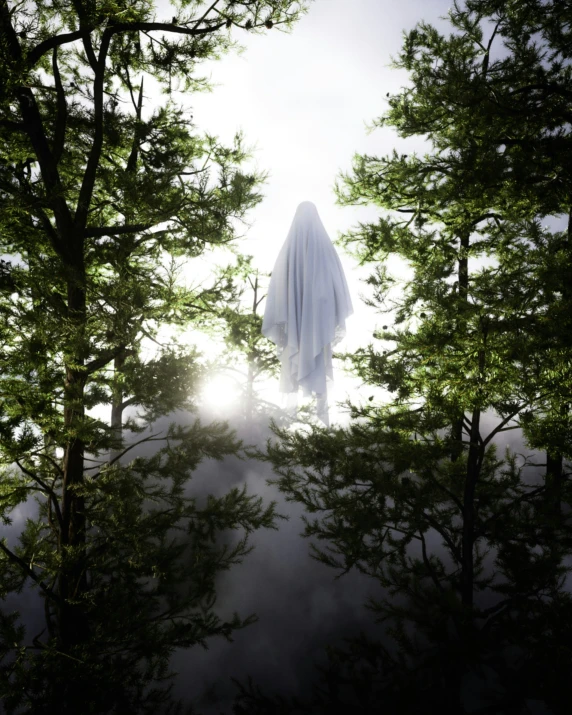 ghostly ghost hiding in trees looking through the forest