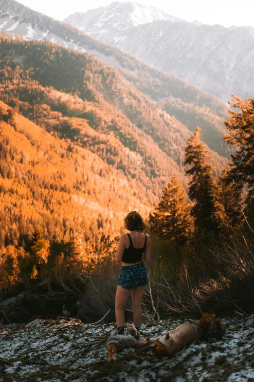 a woman stands with a stick and sticks on a path overlooking a valley in the mountains