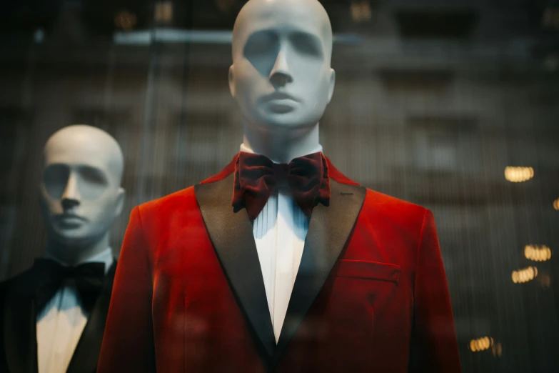 two mannequins dressed in formal clothing standing outside a window