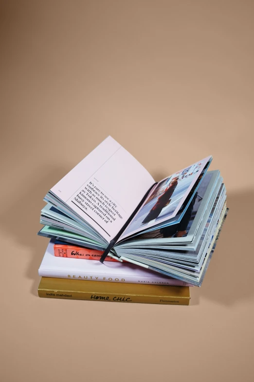 a stack of pographs sit atop the book